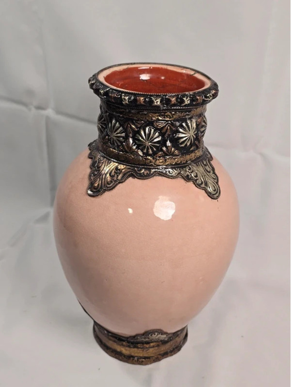 Pink Ceramic Vase Moroccan Style Metal Overlay Moorish Decor